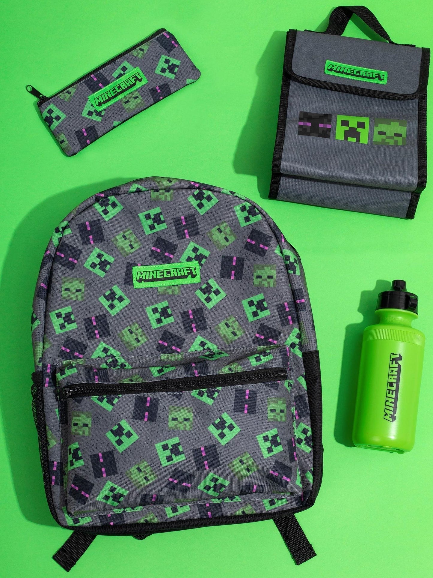 Vanilla Underground Grey Minecraft Boys Creeper 4 Piece Backpack Set image 1