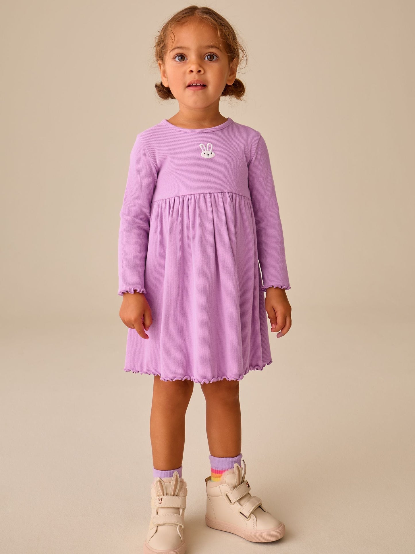 Dsiney Kidz - Lilac Bunny Embroidery Long Sleeve Ribbed Dress (3mths-7yrs) image 1