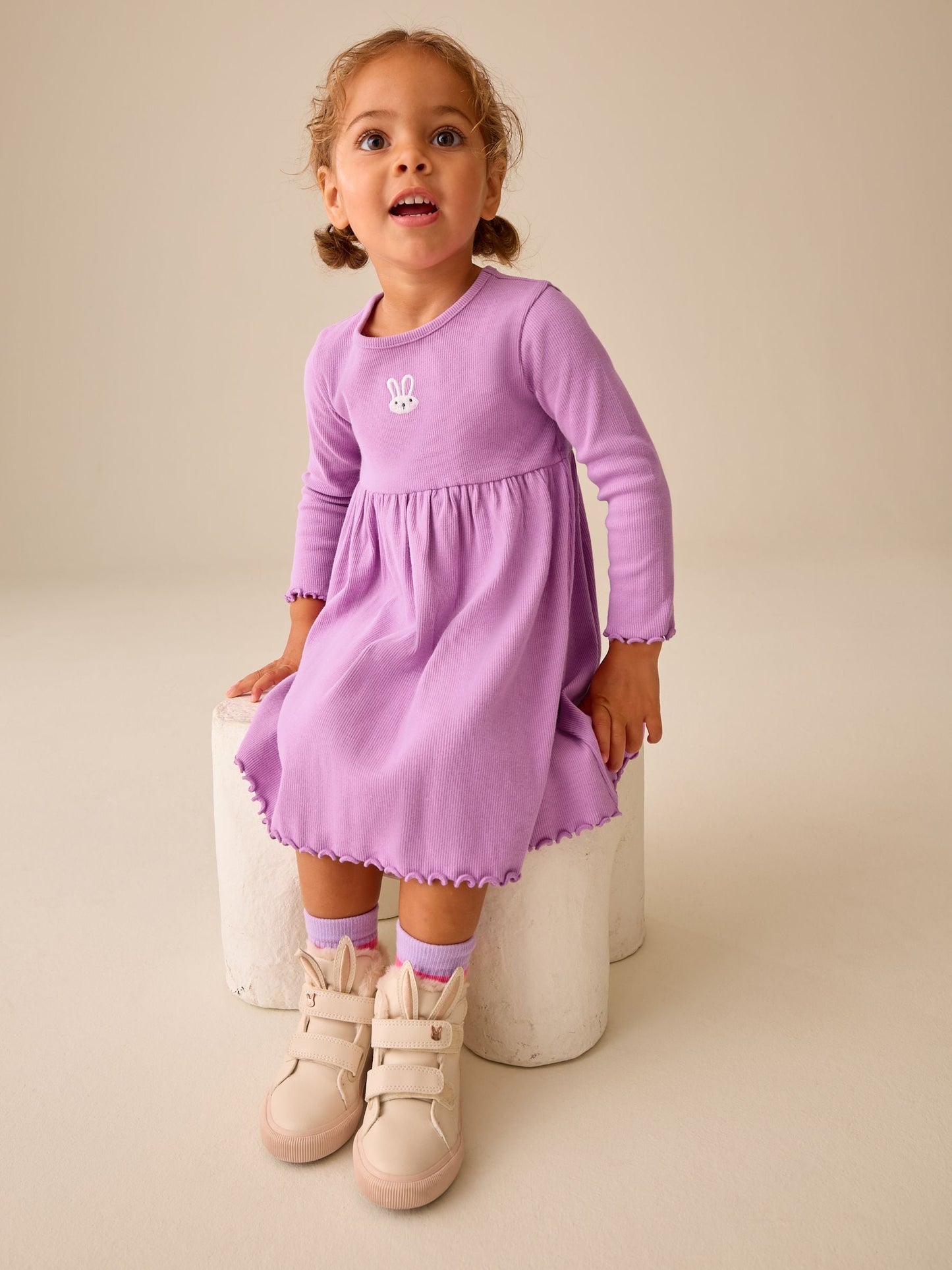 Dsiney Kidz - Lilac Bunny Embroidery Long Sleeve Ribbed Dress (3mths-7yrs) image 2