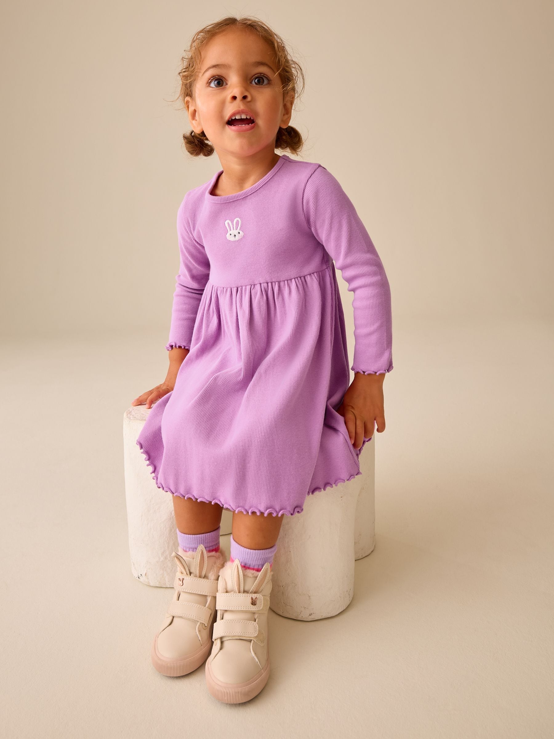 Dsiney Kidz - Lilac Bunny Embroidery Long Sleeve Ribbed Dress (3mths-7yrs) image 2