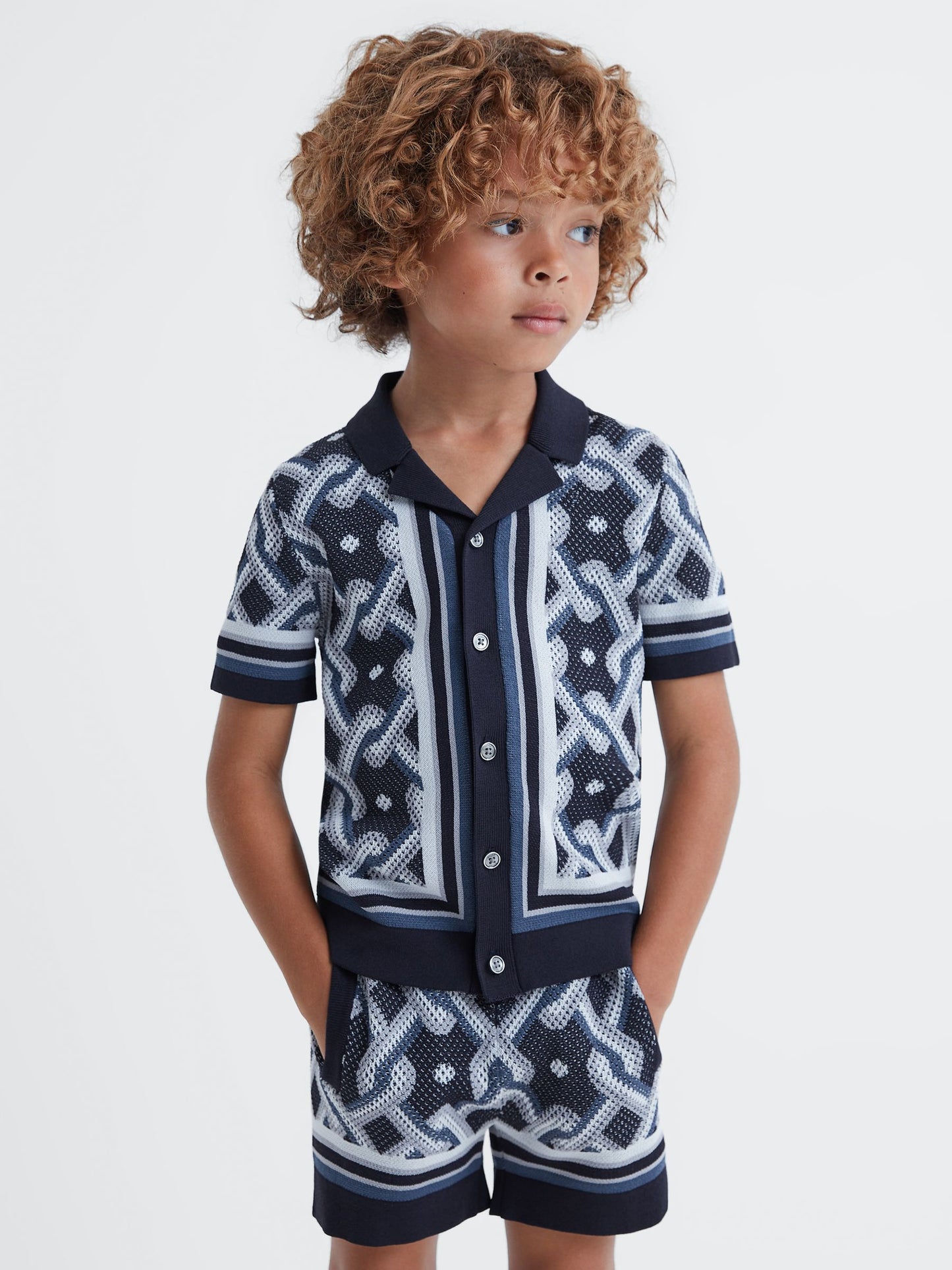 Dsiney Kidz - Reiss Navy Multi Hyde Junior Knitted Cuban Collar Button-Through Shirt image 1