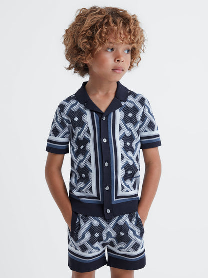 Dsiney Kidz - Reiss Navy Multi Hyde Junior Knitted Cuban Collar Button-Through Shirt image 1