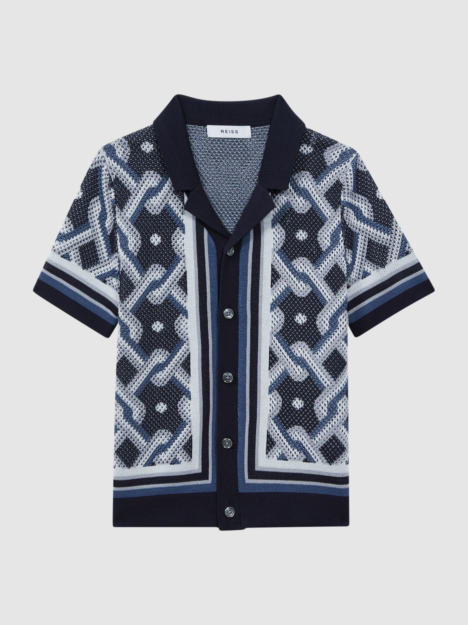 Dsiney Kidz - Reiss Navy Multi Hyde Junior Knitted Cuban Collar Button-Through Shirt image 2