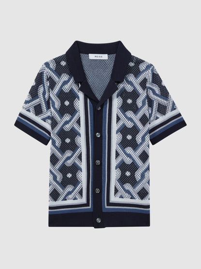 Dsiney Kidz - Reiss Navy Multi Hyde Junior Knitted Cuban Collar Button-Through Shirt image 2