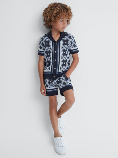 Dsiney Kidz - Reiss Navy Multi Hyde Junior Knitted Cuban Collar Button-Through Shirt image 3