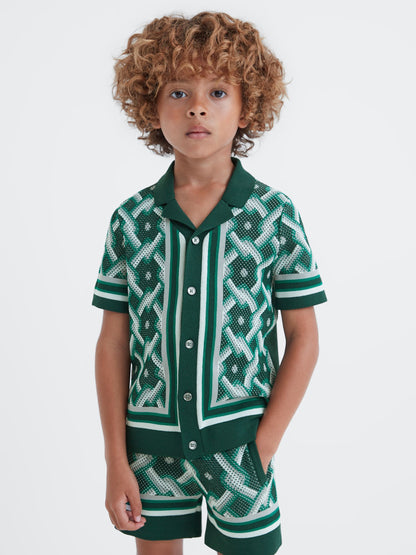 Dsiney Kidz - Reiss Green Multi Hyde 3-9 yrs Knitted Cuban Collar Button-Through Shirt image 1