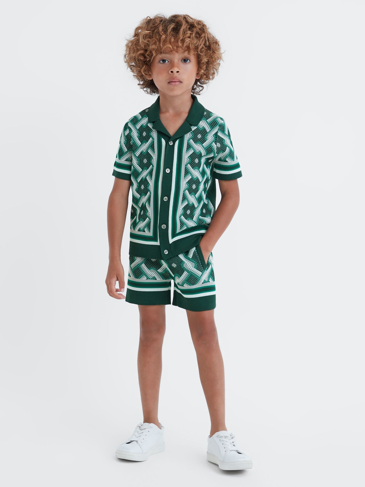 Dsiney Kidz - Reiss Green Multi Hyde 3-9 yrs Knitted Cuban Collar Button-Through Shirt image 3