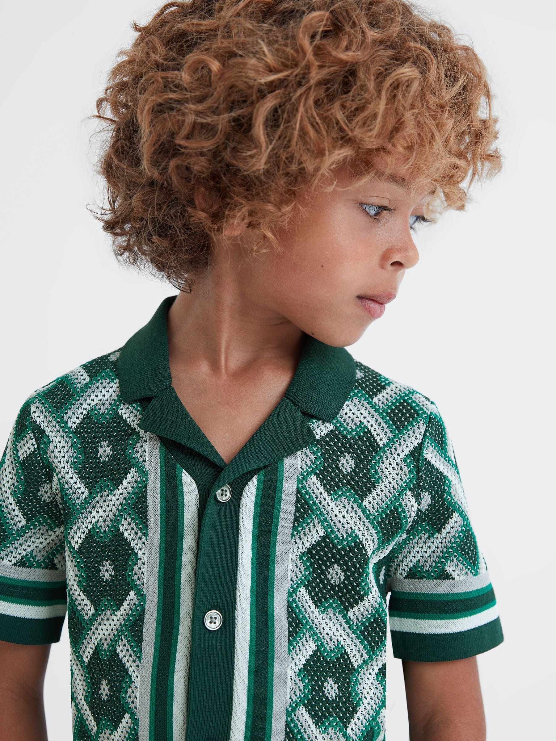 Dsiney Kidz - Reiss Green Multi Hyde 3-9 yrs Knitted Cuban Collar Button-Through Shirt image 4