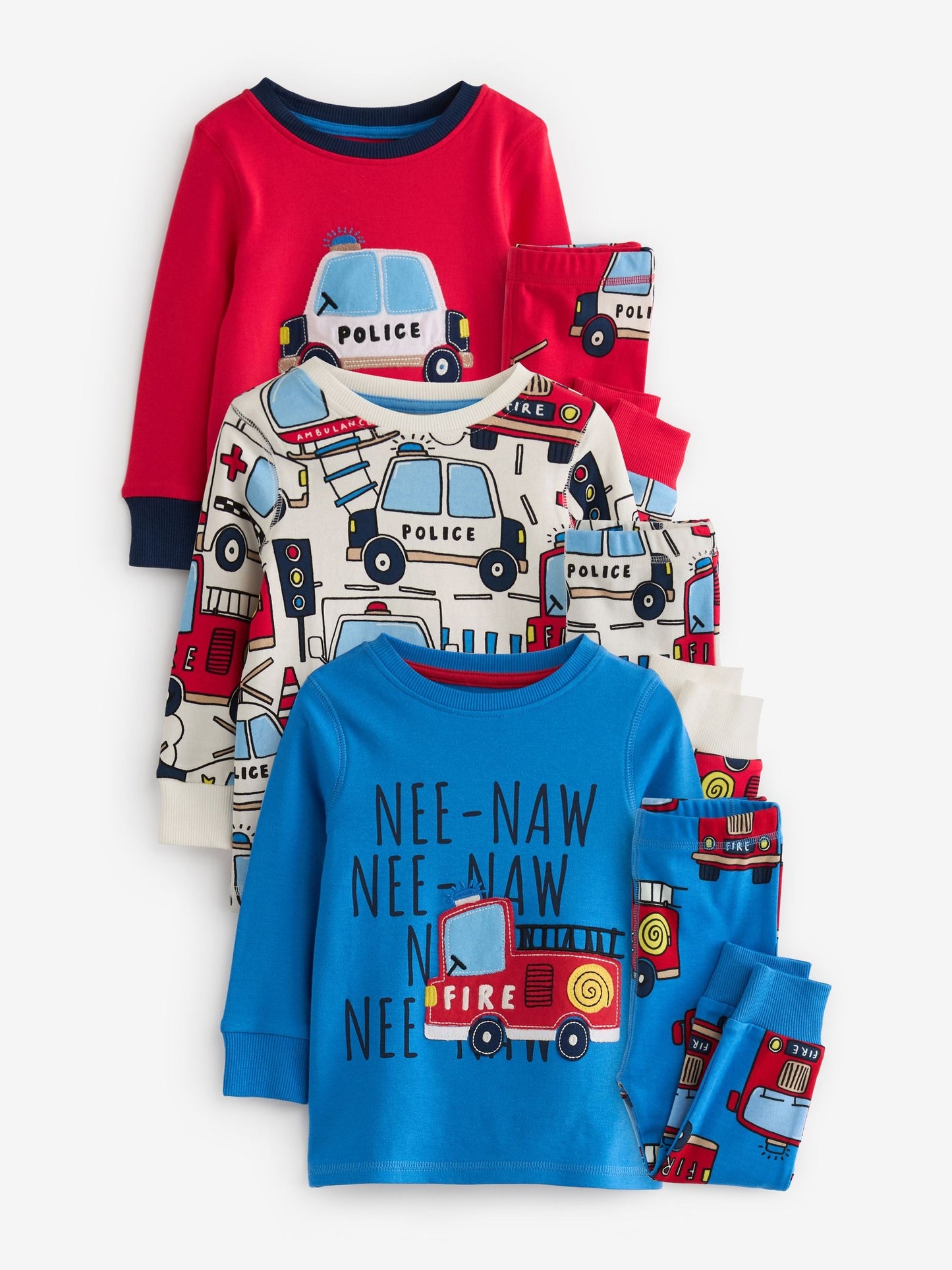 Red/Blue Emergency Vehicles Mini Snuggle Pyjamas 3 Pack (9mths-10yrs)