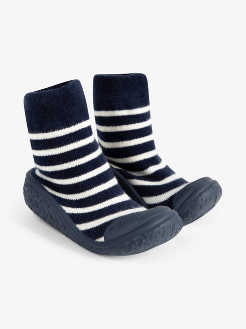 JoJo Maman Bébé Navy Blue Ecru Cream Stripe Boys' Stripe Indoor Outdoor Slipper Socks image 1