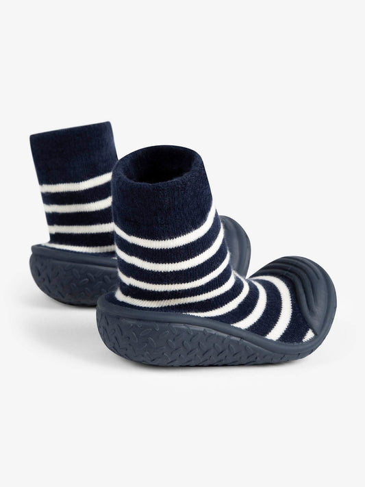 JoJo Maman Bébé Navy Blue Ecru Cream Stripe Boys' Stripe Indoor Outdoor Slipper Socks image 2