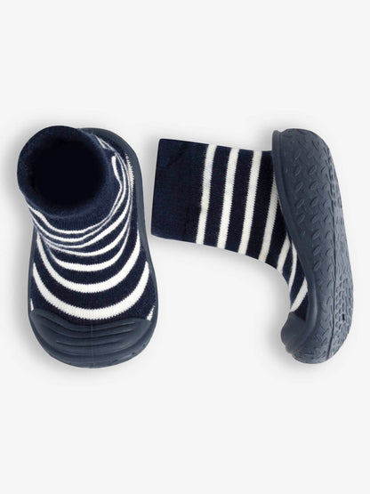 JoJo Maman Bébé Navy Blue Ecru Cream Stripe Boys' Stripe Indoor Outdoor Slipper Socks image 3