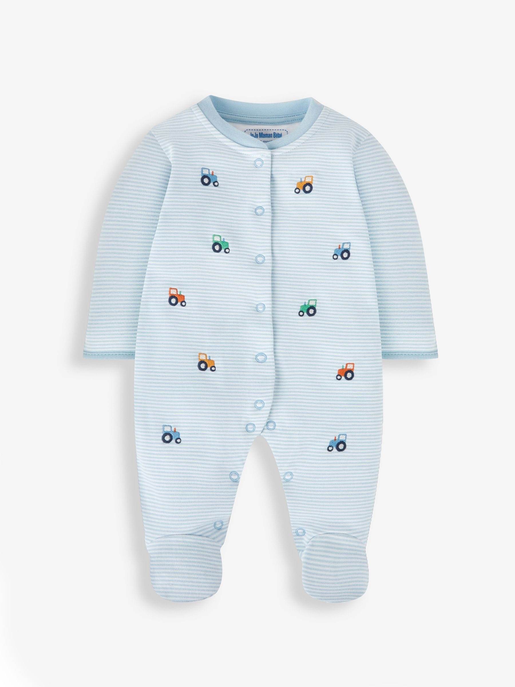 JoJo Maman Bébé Blue Tractor Embroidered Cotton Baby Sleepsuit image 2