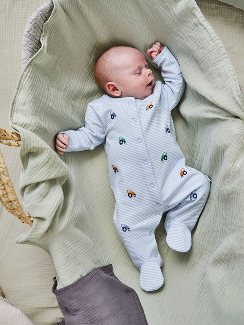 JoJo Maman Bébé Blue Tractor Embroidered Cotton Baby Sleepsuit image 1