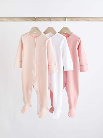 Pink/White 3 Pack Baby Sleepsuits (0-2yrs) image 1