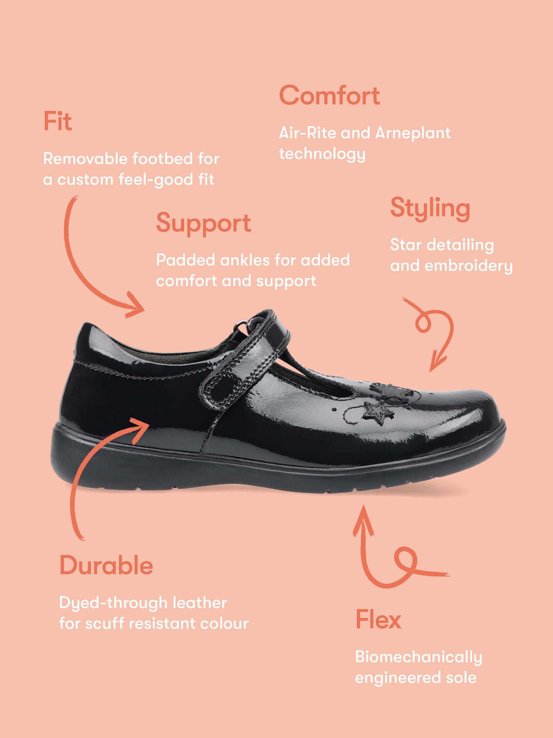 Start Rite Black Patent Standard Fit Star Jump T-Bar Leather School Shoes image 7
