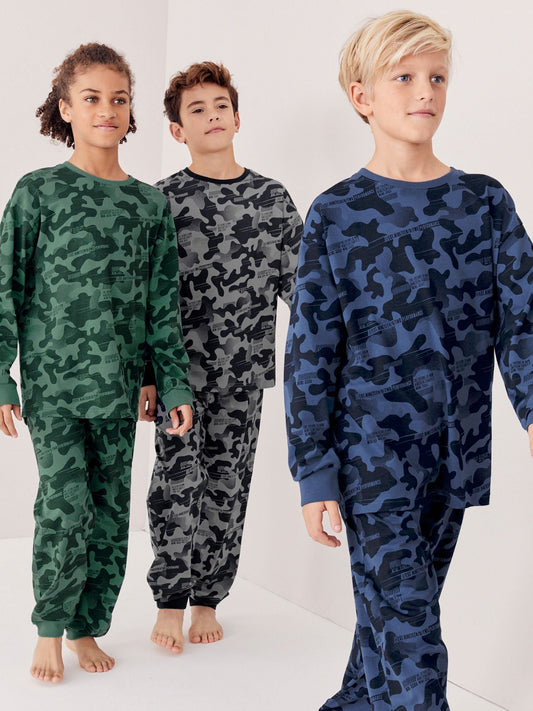 Grey/Blue/Green Camouflage Long Sleeve Pyjamas 3 Pack (3-16yrs) image 1