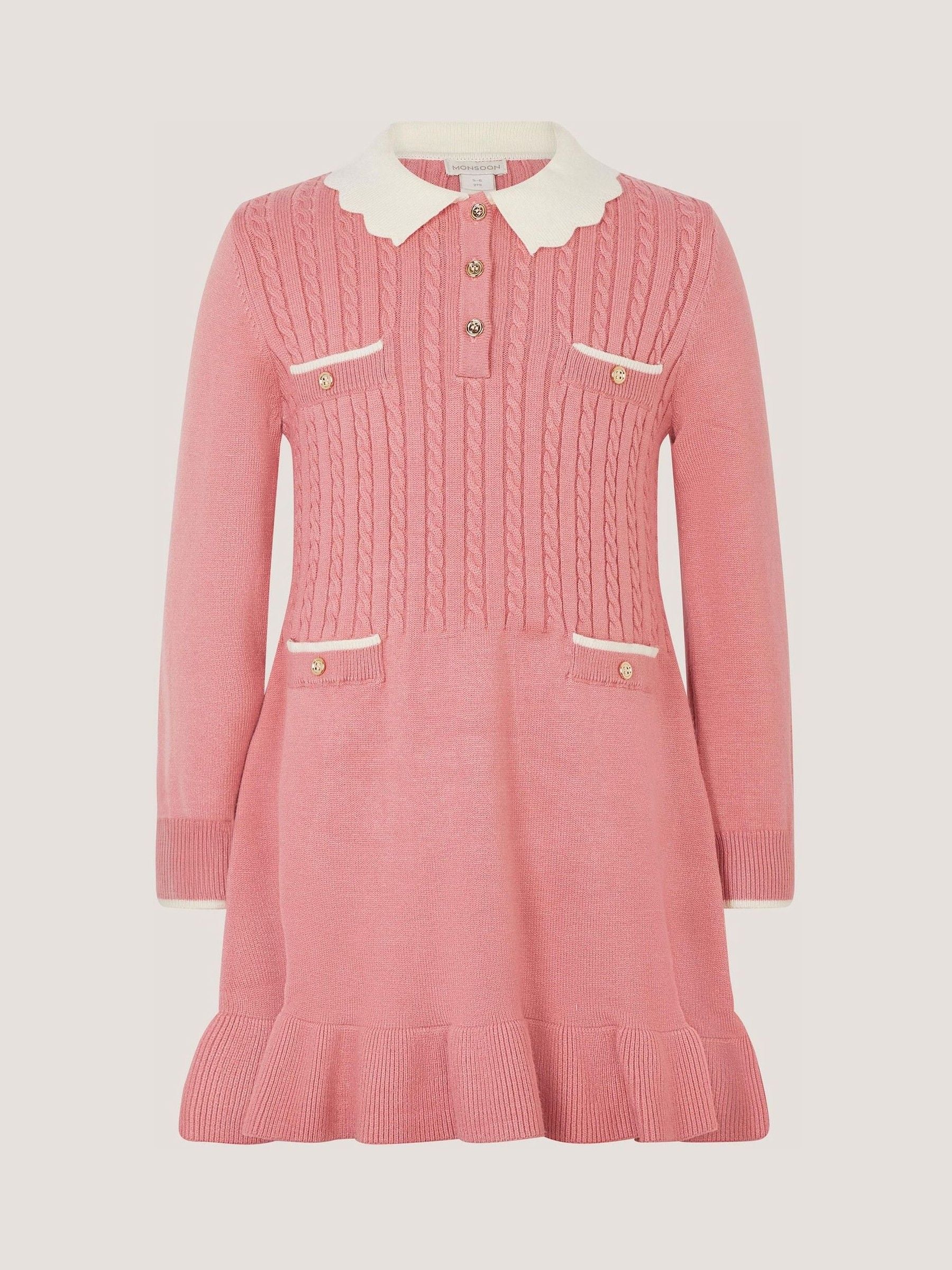 Dsiney Kidz - Monsoon Pink Long Sleeve Cable Knitted Dress image 2