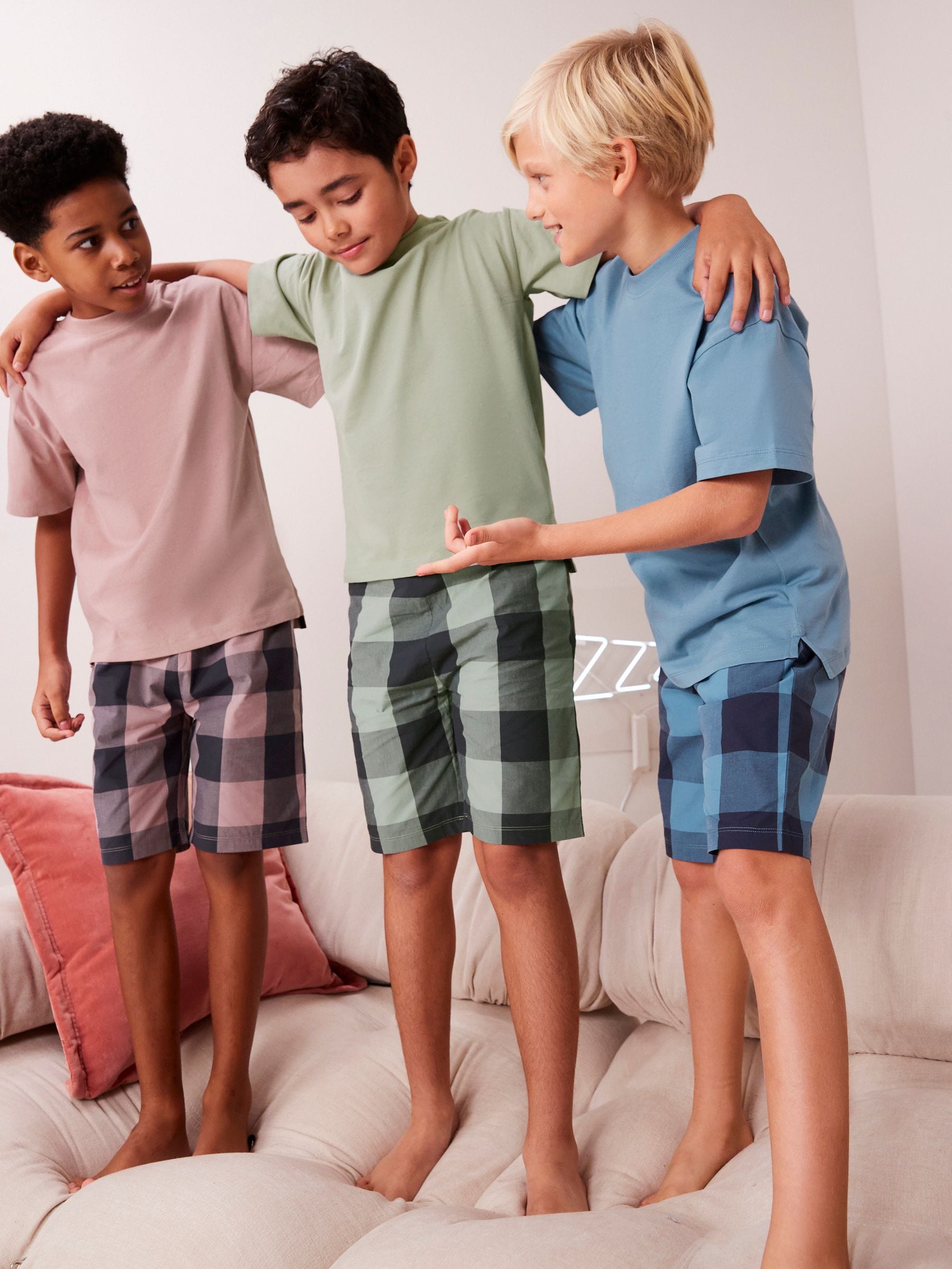 Khaki/Lilac Woven Check Short Pyjamas 3 Pack (3-16yrs) image 1