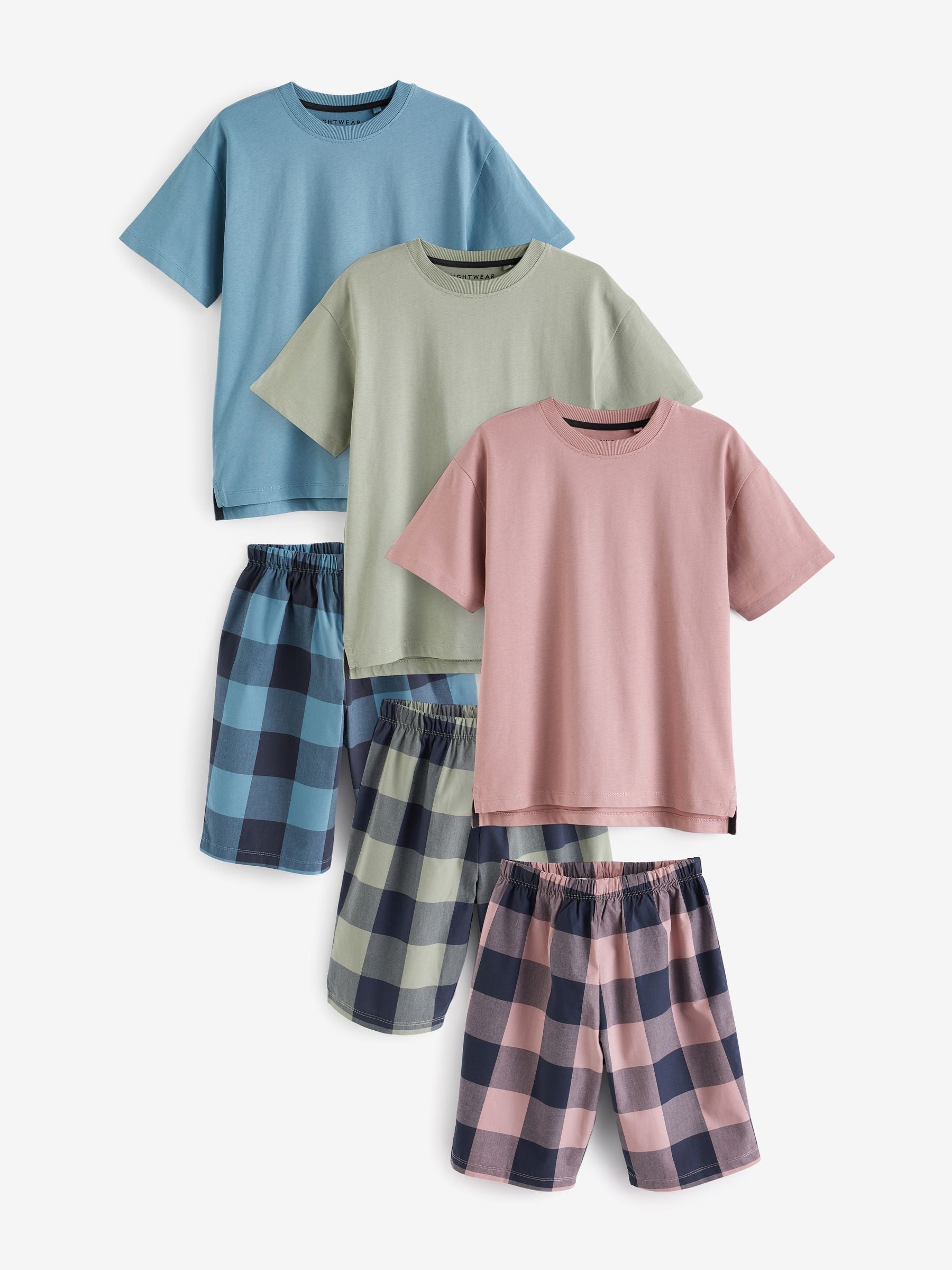 Khaki/Lilac Woven Check Short Pyjamas 3 Pack (3-16yrs) image 3