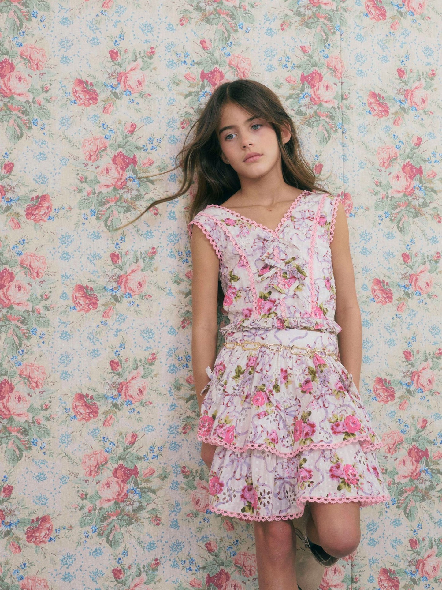 Dsiney Kidz - River Island Cream Cabbages & Roses Frill Top & Skirt Set image 1