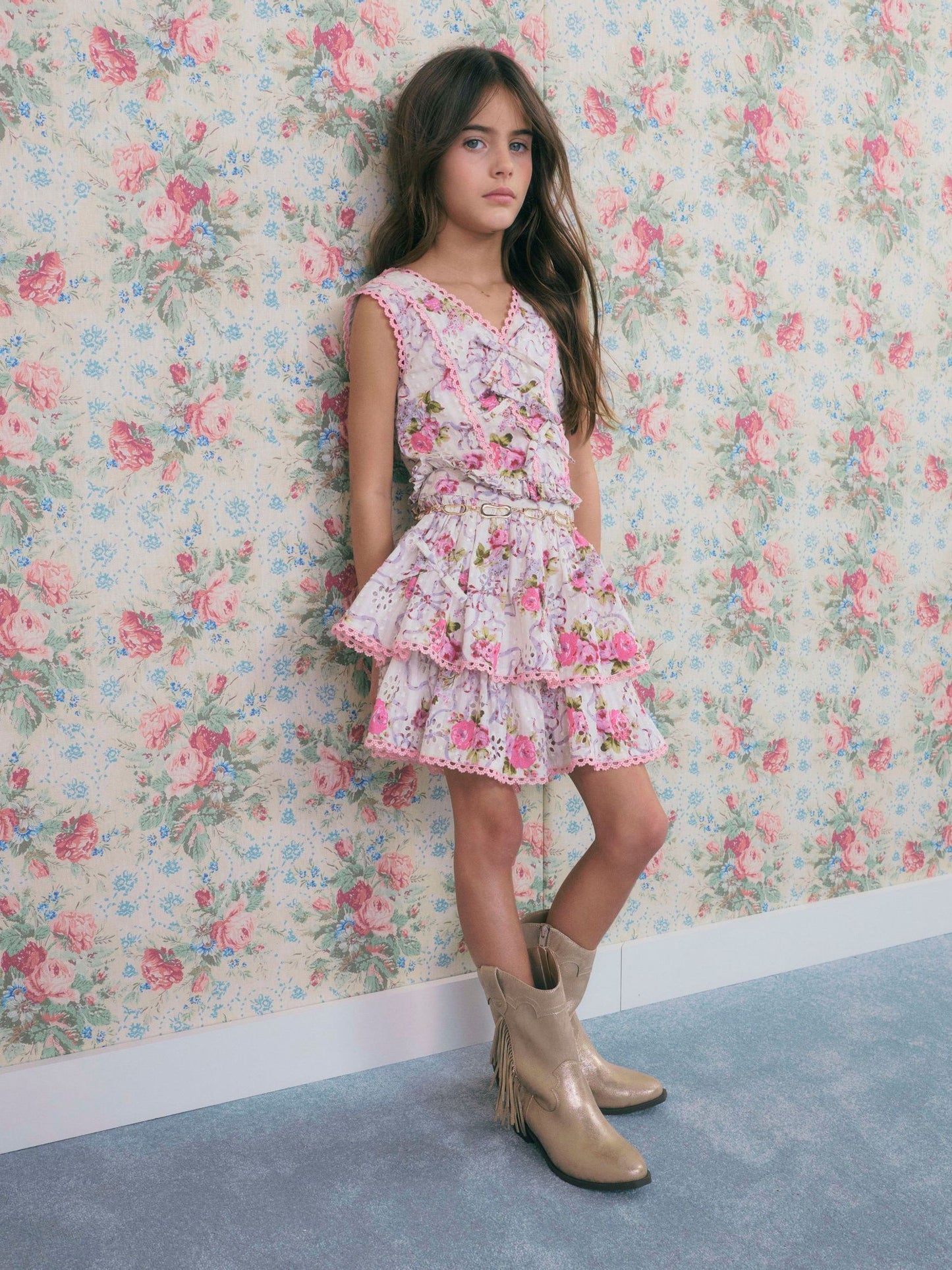 Dsiney Kidz - River Island Cream Cabbages & Roses Frill Top & Skirt Set image 2