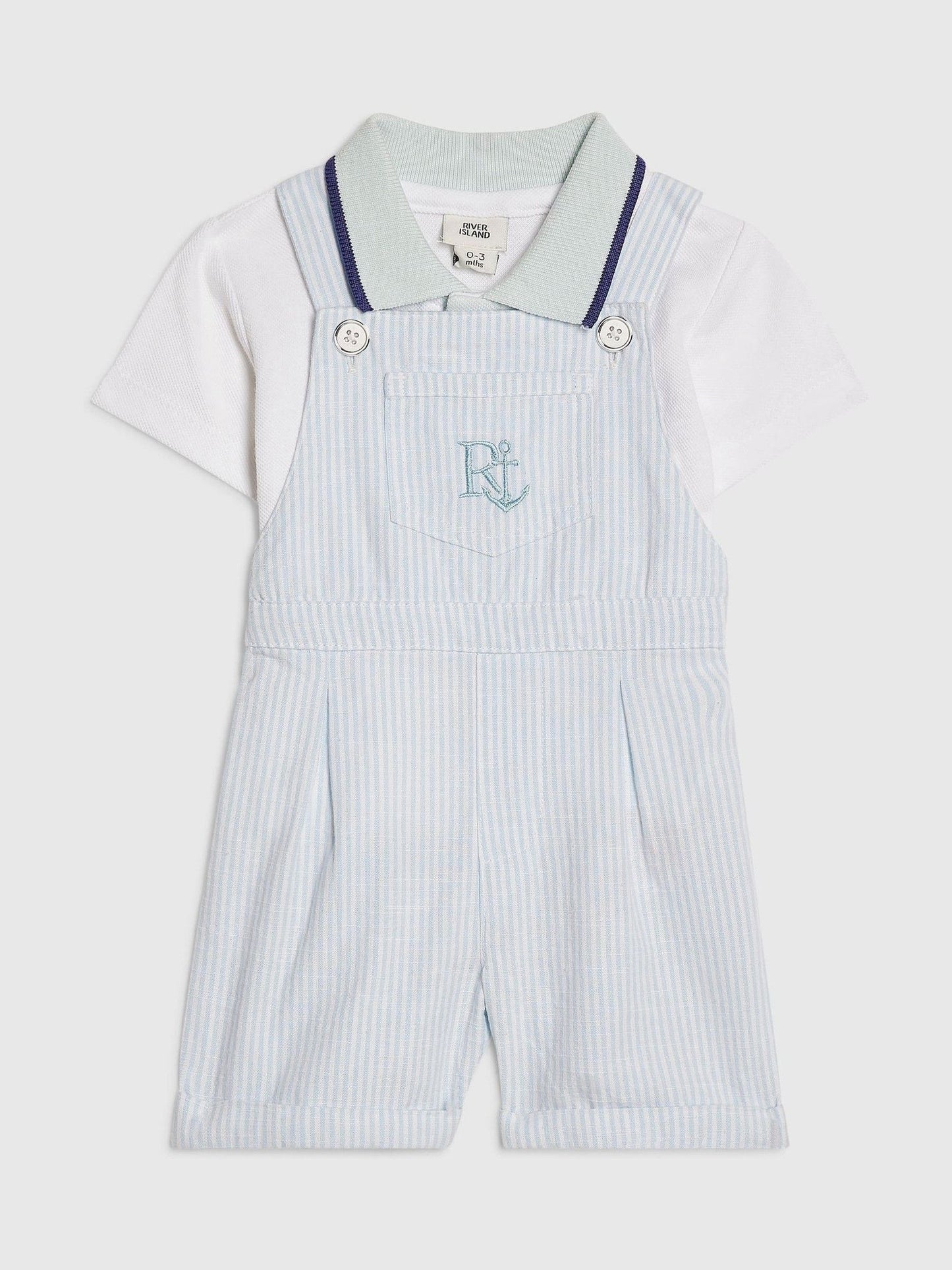 River Island Blue Stripe Dungaree Polo Dungarees Set image 1