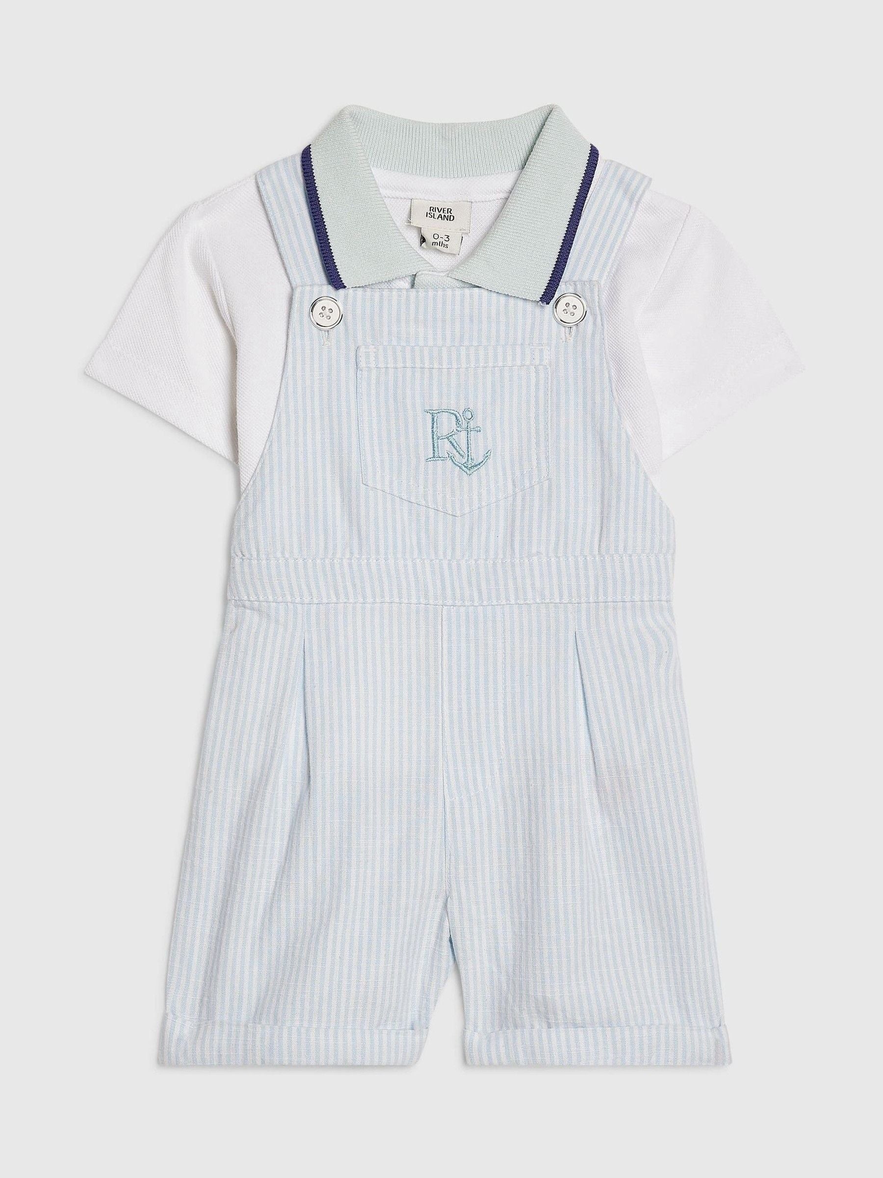River Island Blue Stripe Dungaree Polo Dungarees Set image 1