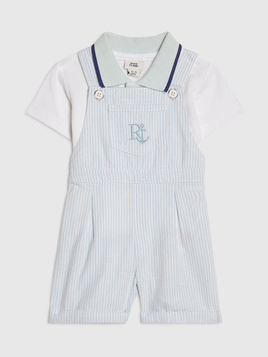 River Island Blue Stripe Dungaree Polo Dungarees Set image 1