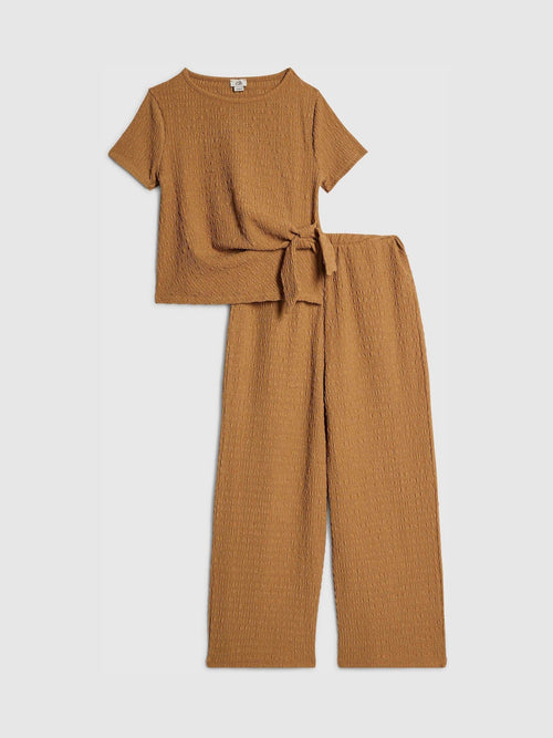 Dsiney Kidz - River Island Tan Brown Knot T-Shirt & Wide Leg Trousers Set image 1