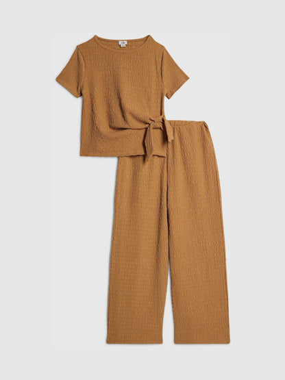 Dsiney Kidz - River Island Tan Brown Knot T-Shirt & Wide Leg Trousers Set image 1