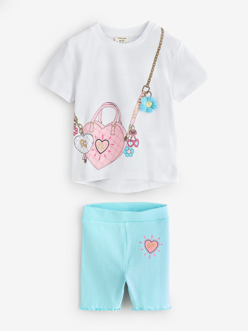 Dsiney Kidz - River Island White Bag Front Graphic Top & Cycling Shorts Set image 1