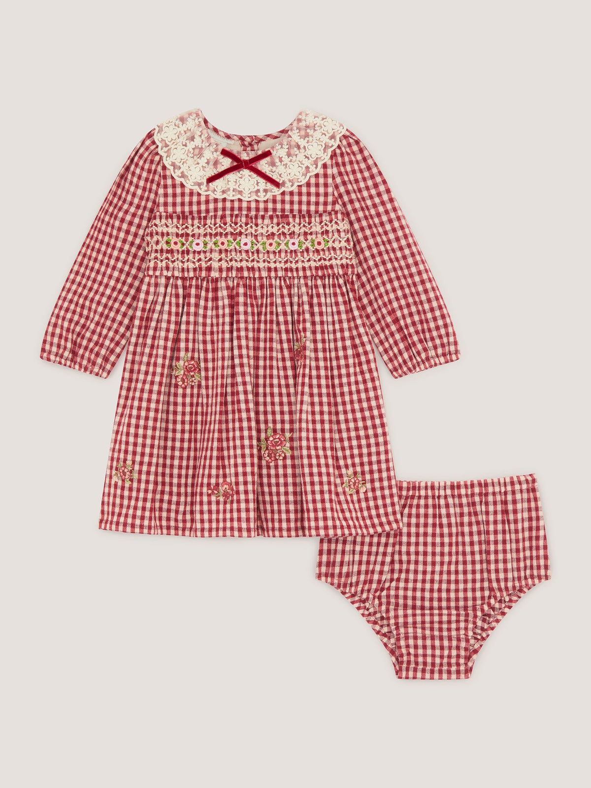 Monsoon Red Baby Embroidered Gingham Dress & Knickers Set - image 2