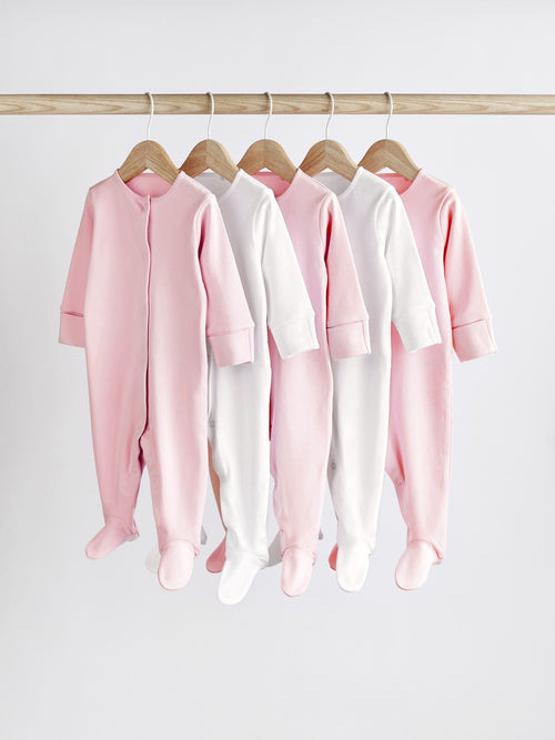 Pink/White 5 Pack Baby Sleepsuits (0-2yrs) image 1