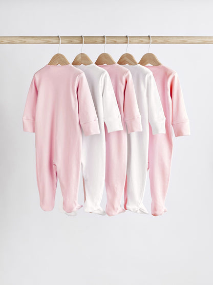 Pink/White 5 Pack Baby Sleepsuits (0-2yrs) image 3