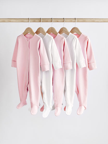Pink/White 5 Pack Baby Sleepsuits (0-2yrs) image 1