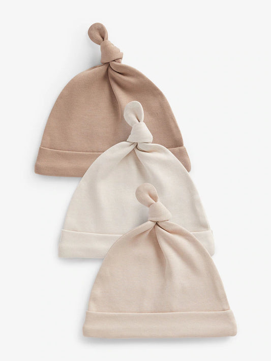 Neutral 100% Cotton Tie Top Baby Hats 3 Pack (0-12mths)