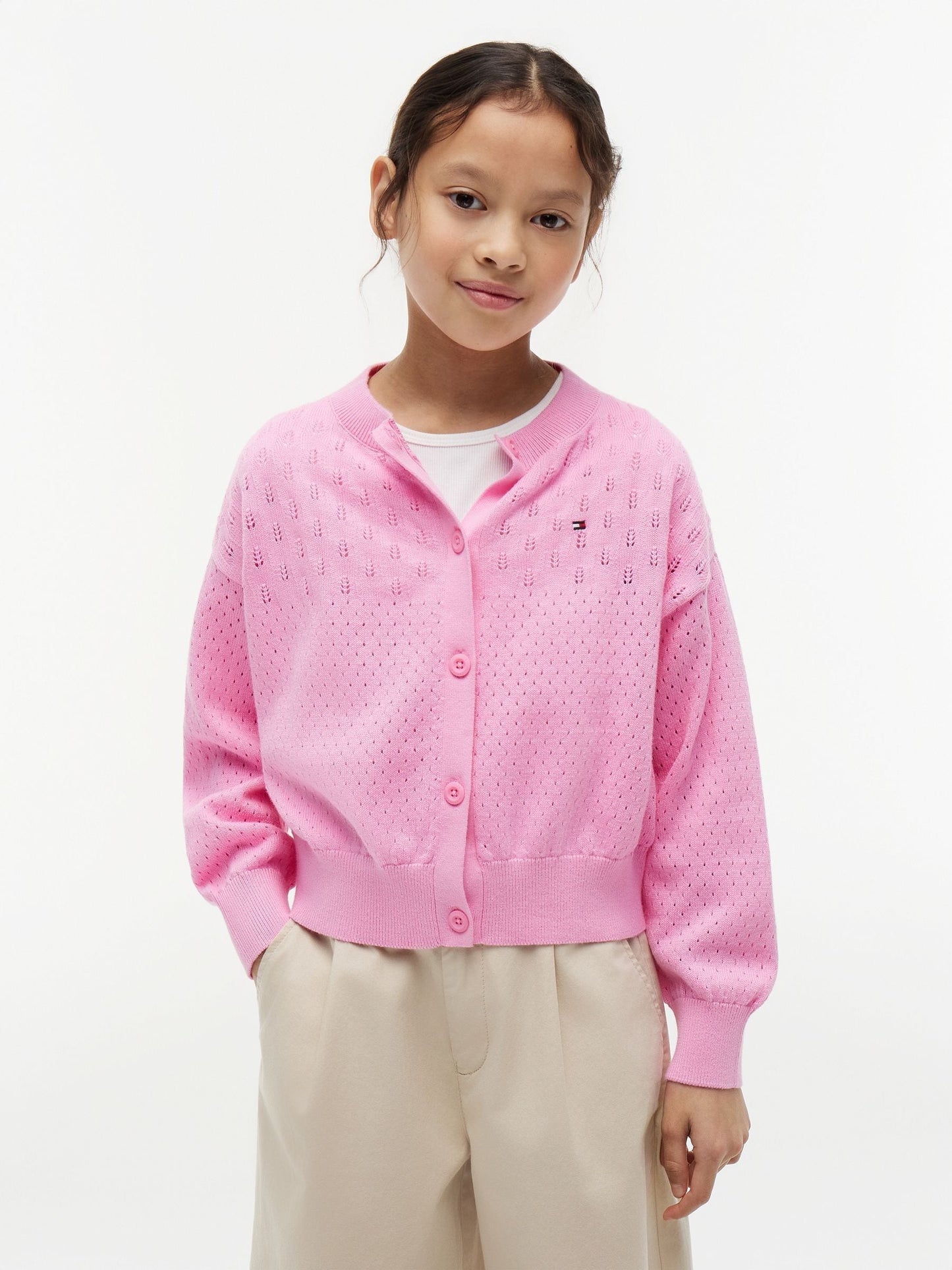 Dsiney Kidz - Tommy Hilfiger Pink Pointelle Relaxed Crew Neck Cardigan image 1
