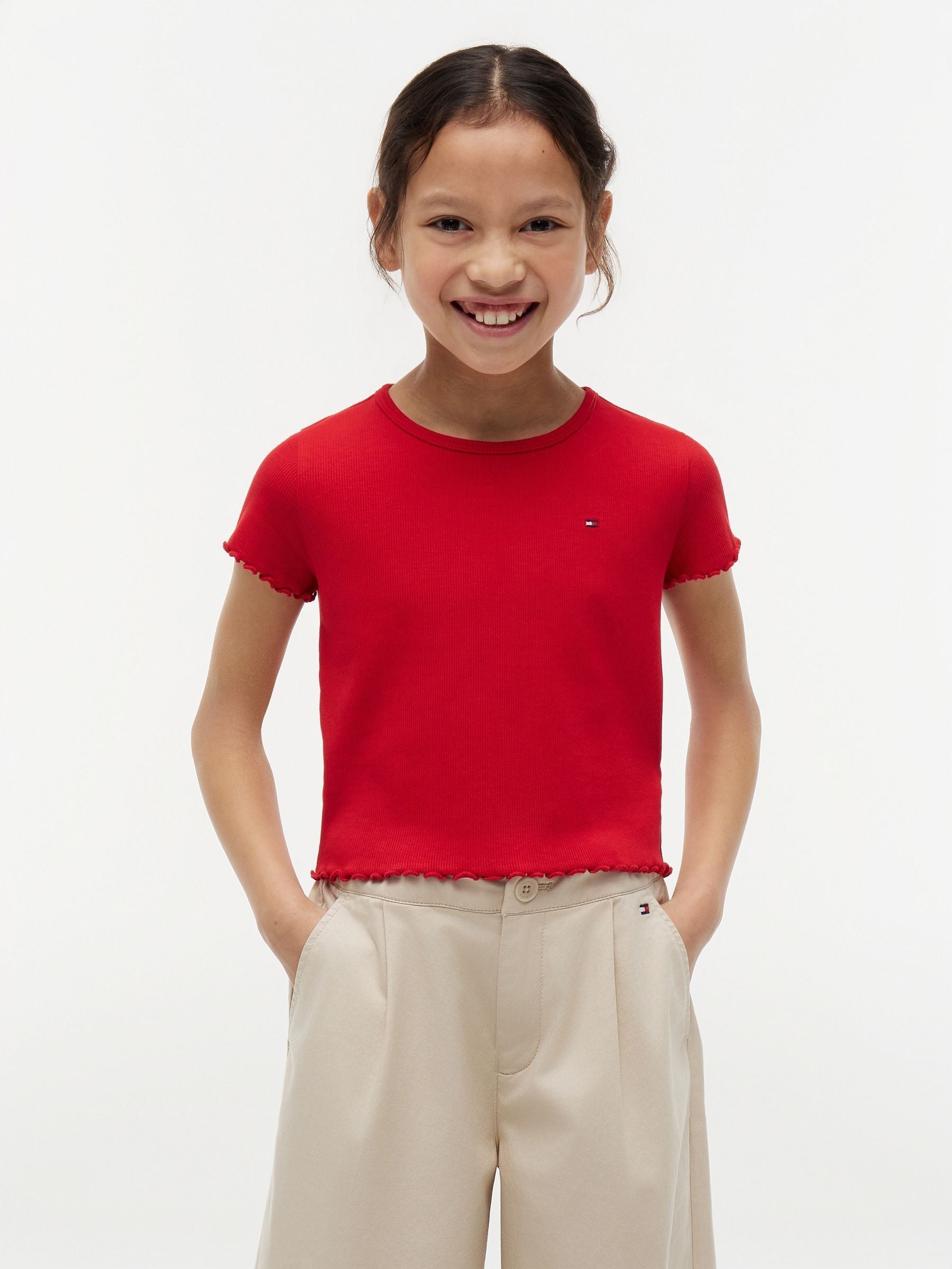 Dsiney Kidz - Tommy Hilfiger Red Essential Ruffle Extra Slim Ribbed Top image 2
