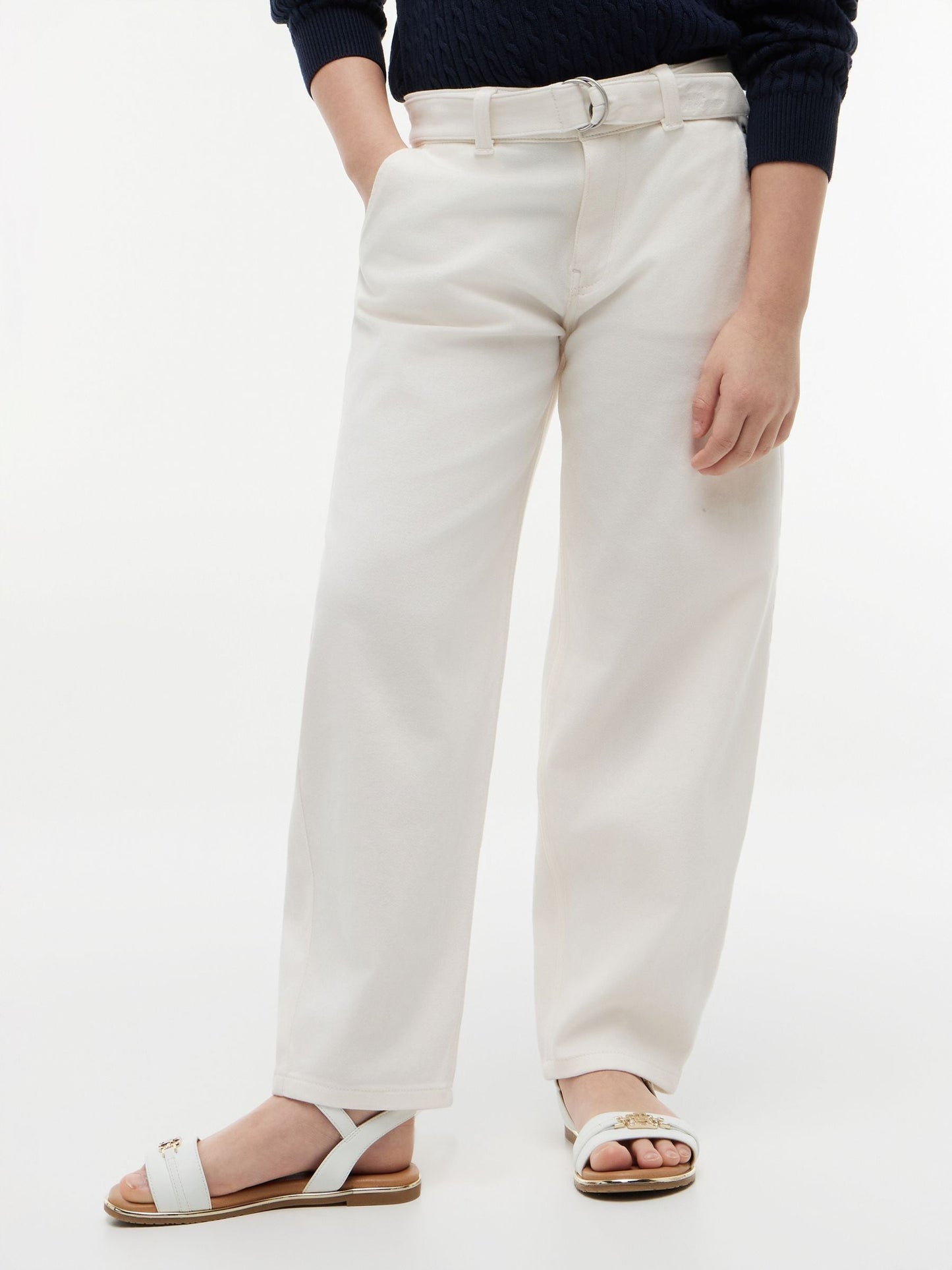 Tommy Hilfiger White Essential Barrel Leg Belted Twill Trousers image 1