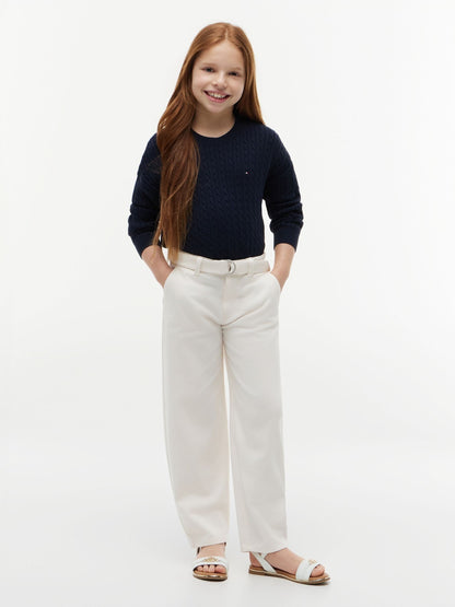 Tommy Hilfiger White Essential Barrel Leg Belted Twill Trousers image 3