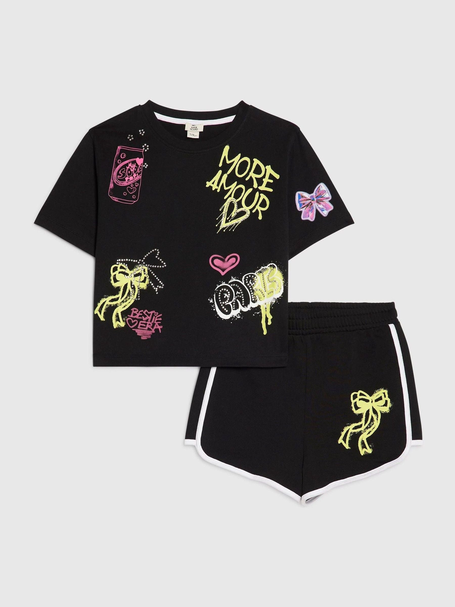 Dsiney Kidz - River Island Black Neon Graffiti Top & Short Set image 1
