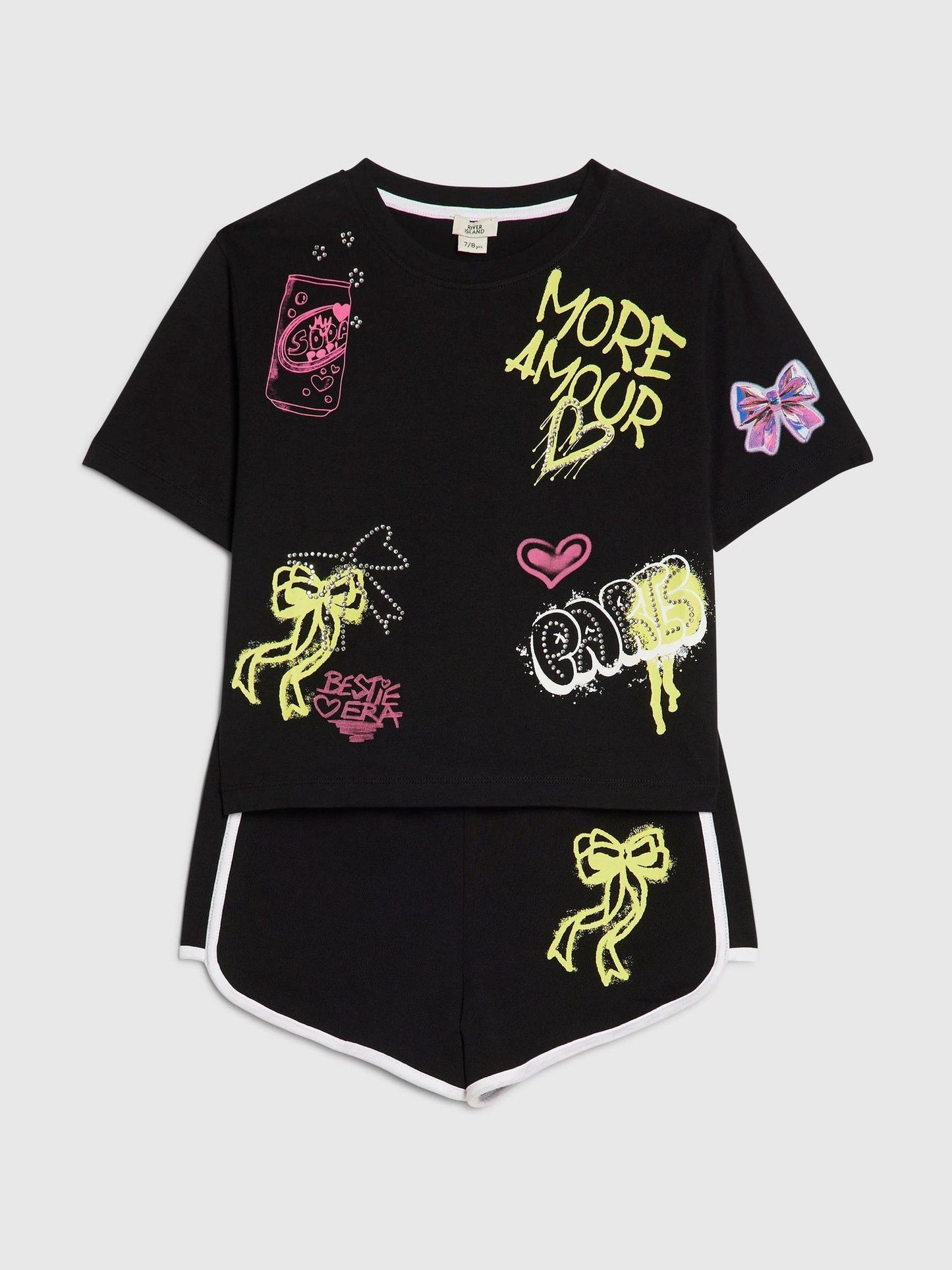 Dsiney Kidz - River Island Black Neon Graffiti Top & Short Set image 3