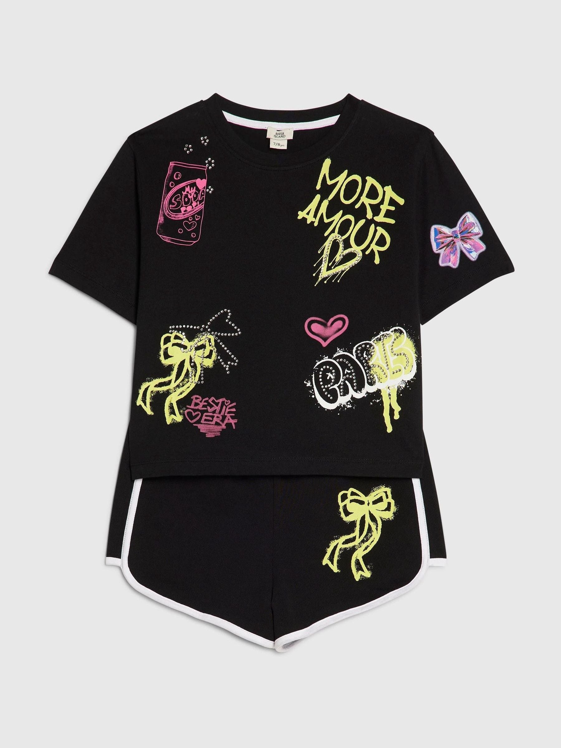 Dsiney Kidz - River Island Black Neon Graffiti Top & Short Set image 3