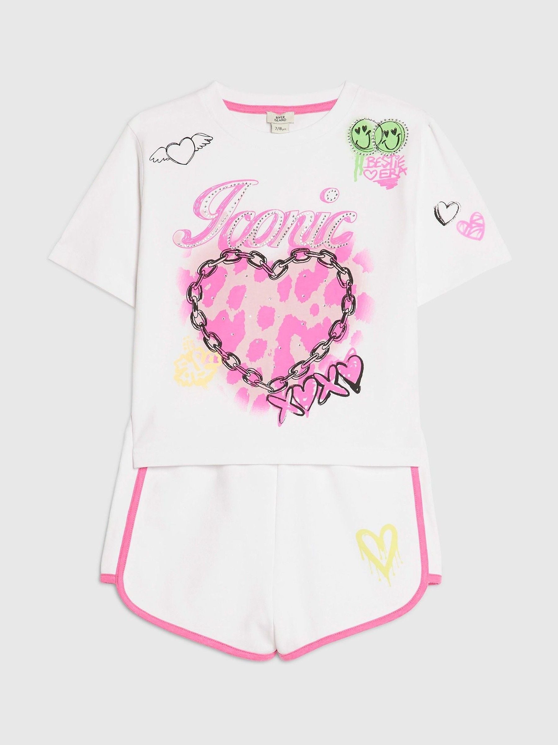 Dsiney Kidz - River Island White Neon Graffiti Top & Short Set image 2