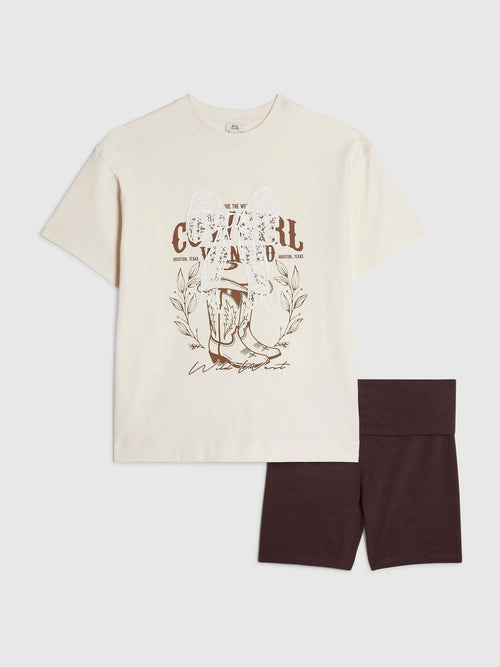 Dsiney Kidz - River Island Cream Cowgirl Top & Cycle Shorts Set image 1