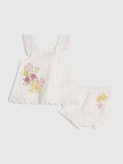 River Island White Knitted Floral Romper Set image 1