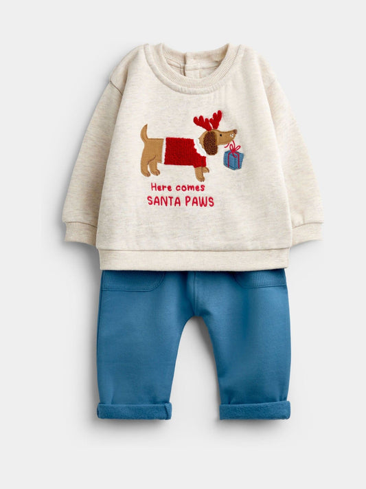Dsiney Kidz - JoJo Maman Bébé Cream Christmas Sausage Dog Sweatshirt & Trouser Set image 1