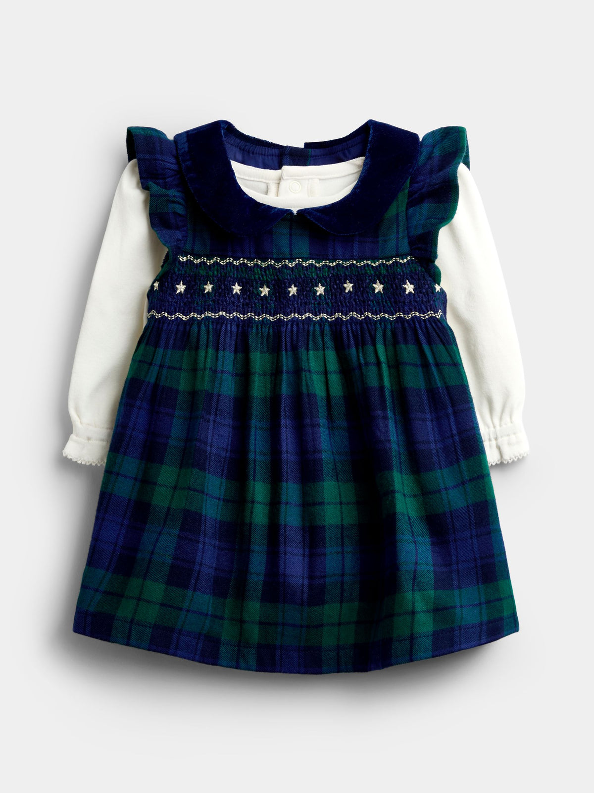 JoJo Maman Bébé Navy Blue Tartan Smocked Baby Dress & Bodysuit Set - image 1