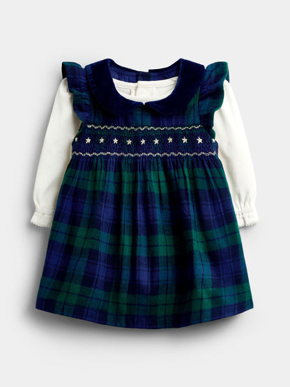 JoJo Maman Bébé Navy Blue Tartan Smocked Baby Dress & Bodysuit Set - image 1
